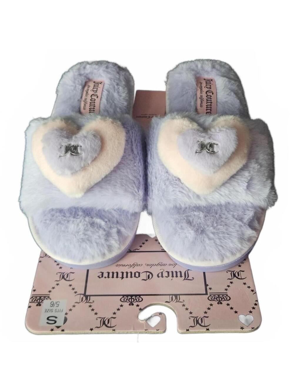 Juicy Couture Hiya Faux Fur Heart Slippers Lilac & Pink Size Small 5/6 NWT